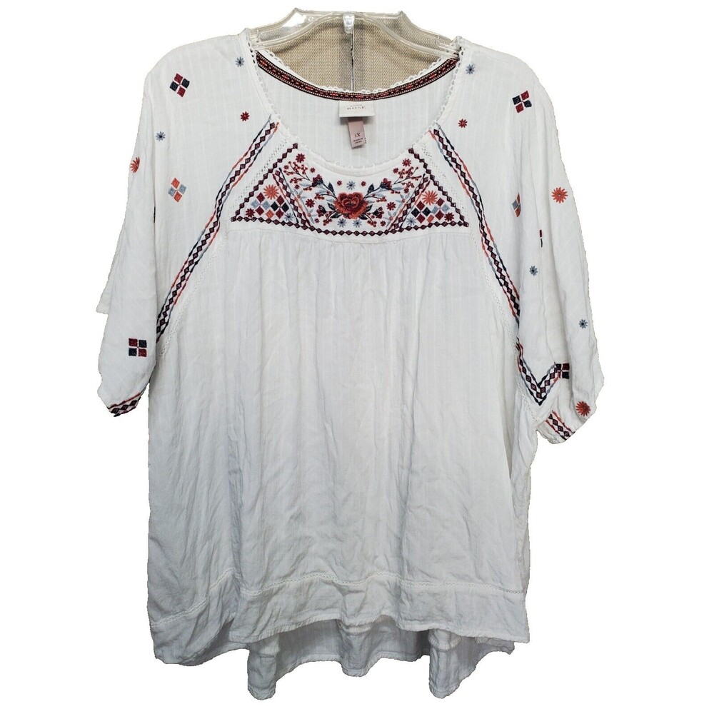 Knox Rose White Kint Floral Embroidered Short Sleeve Blouse Size 1X Boho Peasant